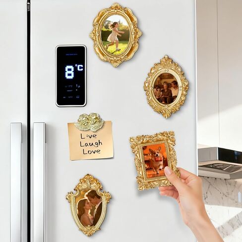 Zoorka 4 Pcs Magnetic Picture Frames for Refrigerator, Vintage Mini Gold Frames with Hooks and Rope for Hanging, Baroque Victorian Decor Set with Small Angel for Christmas Decor in Saudi Arabia
