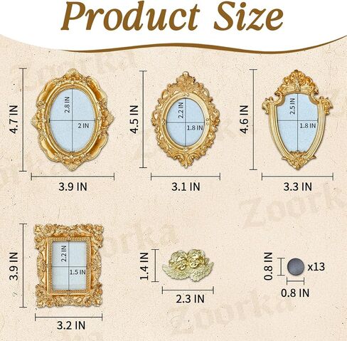 Zoorka 4 Pcs Magnetic Picture Frames for Refrigerator, Vintage Mini Gold Frames with Hooks and Rope for Hanging, Baroque Victorian Decor Set with Small Angel for Christmas Decor in Saudi Arabia