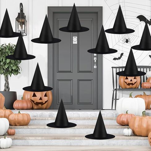 12 PCS Halloween Black Witch Hats Costume Accessory Decorations, Thickened Hanging Wizard Hats Bulk for Women Kids with Rope Floating Porch Indoor Outdoor Hocus Pocus Decor Party Supplies Game Toy in Saudi Arabia
