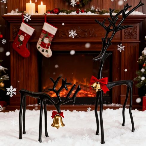 تماثيل عيد الميلاد الرنة المعدنية السوداء - تماثيل أنيقة حديثة لديكور العطلات في الأماكن المغلقة - قطع مركزية لطاولة عيد الميلاد للرف، وغرفة المعيشة، وغرفة النوم، والمكتب (أ + ب) in Kuwait