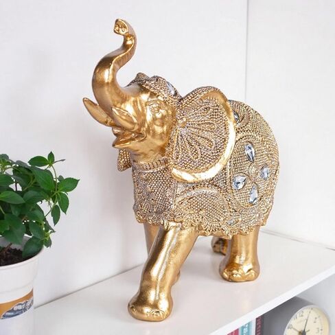Auspicious Elephant Figurine - Embodiment of Fortune & Abundance, Antique Gold-Finished Resin Sculpture, Feng Shui Wealth Elephant Statue, Eleg Home Décor for Living Rooms, Table Centerpieces, Shelves in Saudi Arabia