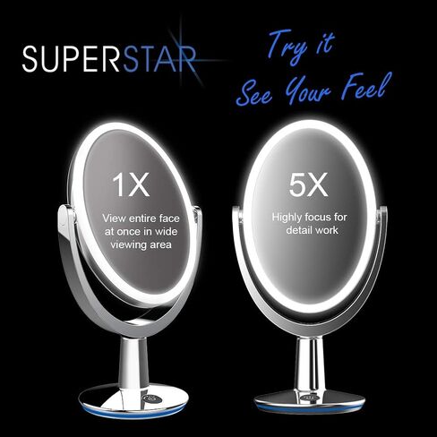 RENEWLAB BY BIOMAX Superstar Oval Shaped Dual-Sided Lighted Makeup Mirror, 1X/5X Magnifying Vanity Makeup Mirror, 360 Degree Rotating Adjustable Brightness Mirror, Brushed Nickel in Saudi Arabia