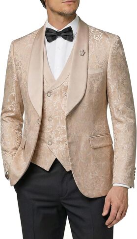 MY'S Men's Floral Suit, 3 Piece Slim Fit Paisley Tuxedo, Jacket Pants Vest with Bow Tie for Wedding Prom Dinner in Kuwait