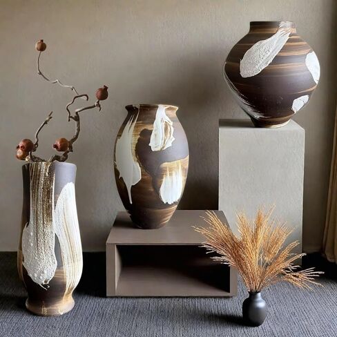 Rustic Ceramic Vase, Large Farmhouse Style Decorative Vase for Home Decor,Tall Vintage Terracotta Pottery Clay Vases for Living Room Entryway Table Centerpiece (6.4" L x 6.4" W x 12.8" H) in Saudi Arabia