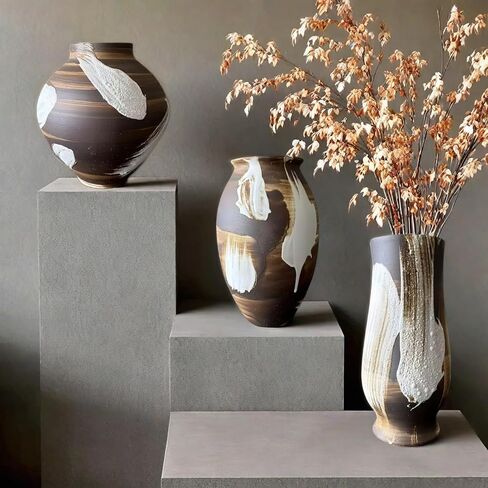 Rustic Ceramic Vase, Large Farmhouse Style Decorative Vase for Home Decor,Tall Vintage Terracotta Pottery Clay Vases for Living Room Entryway Table Centerpiece (6.4" L x 6.4" W x 12.8" H) in Saudi Arabia