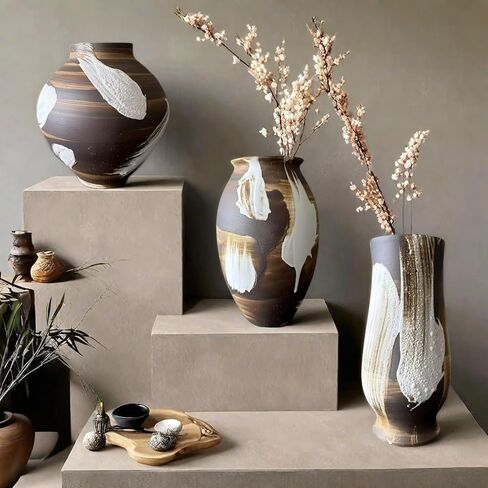 Rustic Ceramic Vase, Large Farmhouse Style Decorative Vase for Home Decor,Tall Vintage Terracotta Pottery Clay Vases for Living Room Entryway Table Centerpiece (6.4" L x 6.4" W x 12.8" H) in Saudi Arabia
