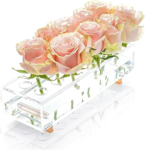 YoBa Acrylic Flower Vase Rectangular with Gold Plated Aluminum Legs, Clear Acrylic Flower Vase for Home Wedding Dining Table Décor, Gift for Your Loved Ones (Flowers not Included) (12 Holes) in Saudi Arabia