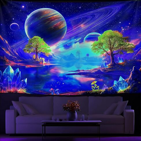 Raoycla Blacklight Galaxy Space Tapestry, UV Reactive Planet Cosmic Mountain Stars Landscape Glow in The Dark Starry Night Art Aesthetic Wall Tapestries for Bedroom Living Room Home Decor (60" x 40") in Saudi Arabia