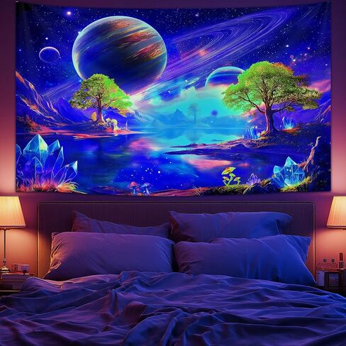 Raoycla Blacklight Galaxy Space Tapestry, UV Reactive Planet Cosmic Mountain Stars Landscape Glow in The Dark Starry Night Art Aesthetic Wall Tapestries for Bedroom Living Room Home Decor (60" x 40") in Saudi Arabia
