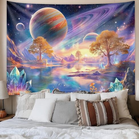 Raoycla Blacklight Galaxy Space Tapestry, UV Reactive Planet Cosmic Mountain Stars Landscape Glow in The Dark Starry Night Art Aesthetic Wall Tapestries for Bedroom Living Room Home Decor (60" x 40") in Saudi Arabia