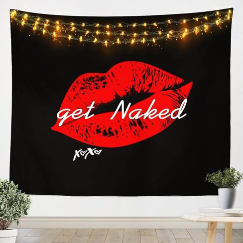 Sexy Red Lips Wall Hanging Get Naked Wall Blanket for Couple Lover Men Women Funny Quotes Tapestry Modern Fashion Stylish Black Red White Wall Art Decor for Bedroom Living Room Decor, Large 59x82 in Saudi Arabia