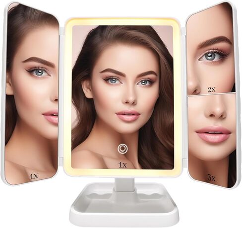 مرآة مكياج LED ثلاثية الطي مع أضواء، شاشة تعمل باللمس وتكبير 3X/2X/1X مع 3 ألوان وسطوع قابل للتعديل، مرآة مكياج محمولة قابلة لإعادة الشحن مع أضواء دولار للسفر في المكتب in Kuwait