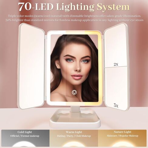 مرآة مكياج LED ثلاثية الطي مع أضواء، شاشة تعمل باللمس وتكبير 3X/2X/1X مع 3 ألوان وسطوع قابل للتعديل، مرآة مكياج محمولة قابلة لإعادة الشحن مع أضواء دولار للسفر في المكتب in Kuwait