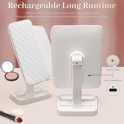 مرآة مكياج LED ثلاثية الطي مع أضواء، شاشة تعمل باللمس وتكبير 3X/2X/1X مع 3 ألوان وسطوع قابل للتعديل، مرآة مكياج محمولة قابلة لإعادة الشحن مع أضواء دولار للسفر في المكتب in Kuwait