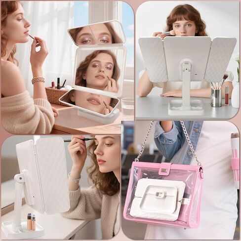 مرآة مكياج LED ثلاثية الطي مع أضواء، شاشة تعمل باللمس وتكبير 3X/2X/1X مع 3 ألوان وسطوع قابل للتعديل، مرآة مكياج محمولة قابلة لإعادة الشحن مع أضواء دولار للسفر في المكتب in Kuwait