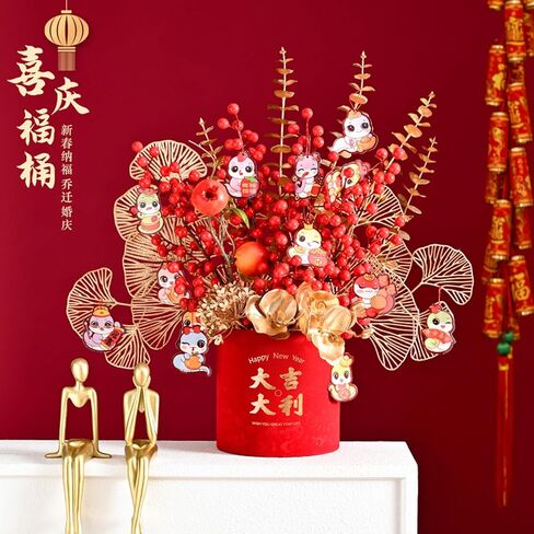 2 Pcs New Year Blessing Bucket New Year Lucky Tube Spring Festival Lucky Decoration Chinese Good Luck Bucket Planter Red Flower Arrangement Bucket for Indoor Home Office Decoration in Saudi Arabia