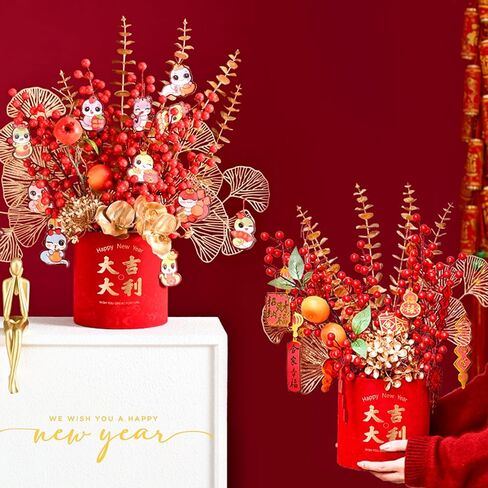 2 Pcs New Year Blessing Bucket New Year Lucky Tube Spring Festival Lucky Decoration Chinese Good Luck Bucket Planter Red Flower Arrangement Bucket for Indoor Home Office Decoration in Saudi Arabia