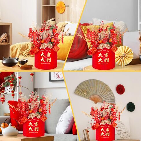 2 Pcs New Year Blessing Bucket New Year Lucky Tube Spring Festival Lucky Decoration Chinese Good Luck Bucket Planter Red Flower Arrangement Bucket for Indoor Home Office Decoration in Saudi Arabia