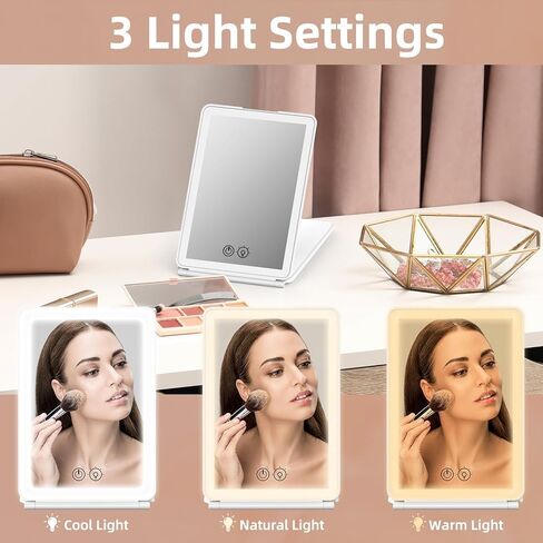 Makeup Mirror,1X&3X Magnifying Lighted Vanity Mirror with 3 Color Setting Modes&Dimmable Touch Screen,Portable,Foldable for Women (White) in Saudi Arabia