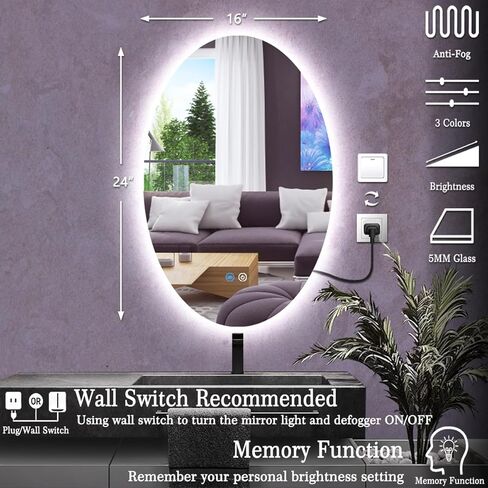 مرآة زينة بيضاوية مضاءة مقاس 16 × 24 بوصة من TiliKuly مع ذاكرة ذكية 3 ألوان قابلة للتعتيم مضادة للضباب 24 بوصة مرآة بإضاءة خلفية بيضاوية بدون إطار لجدار الحمام بإضاءة خلفية بيضاوية مرآة LED in Kuwait