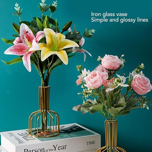 Modern Metal Flower Vase with Glass Tubes, Golden Decorative Vase for Home Office Living Room Bedroom Boho Style Centerpiece in Saudi Arabia