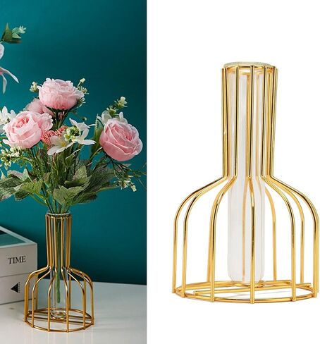 Modern Metal Flower Vase with Glass Tubes, Golden Decorative Vase for Home Office Living Room Bedroom Boho Style Centerpiece in Saudi Arabia