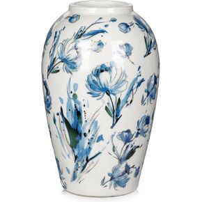 مزهرية زهور سيراميك، مزهريات ريفية بيضاء وزرقاء مقاس 9.8 بوصة لديكور المنزل، مزهريات عتيقة طويلة مصنوعة يدويًا لغرفة المعيشة والطاولة والحمام والديكور الصيني in Kuwait