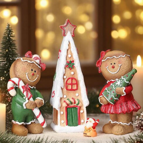 3 Pcs Christmas Tabletop Decorations, Include 9.4" Resin Gingerbread House and 2 Cute Gingerbread Men Figurines Ornament Christmas Tiered Tray Decor for Holiday Fireplace Shelf Mantel Table Display in Saudi Arabia
