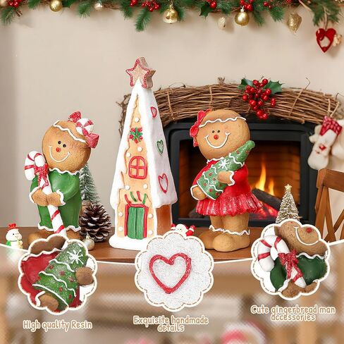 3 Pcs Christmas Tabletop Decorations, Include 9.4" Resin Gingerbread House and 2 Cute Gingerbread Men Figurines Ornament Christmas Tiered Tray Decor for Holiday Fireplace Shelf Mantel Table Display in Saudi Arabia