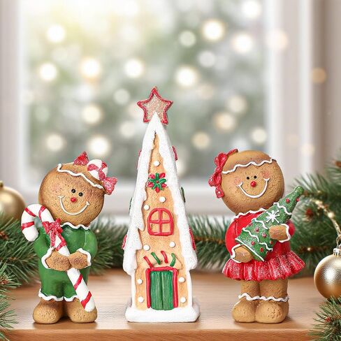 3 Pcs Christmas Tabletop Decorations, Include 9.4" Resin Gingerbread House and 2 Cute Gingerbread Men Figurines Ornament Christmas Tiered Tray Decor for Holiday Fireplace Shelf Mantel Table Display in Saudi Arabia