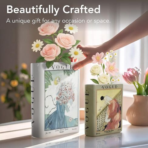 American Art Decor Vintage Vogue Magazine Ceramic Book Vase Set, 2pc Tabletop Vases for Bibliophiles & Fashionistas - Bookish Flower Vase for Book Lovers, Storage Organizer, Fall Decor Gifts in Kuwait