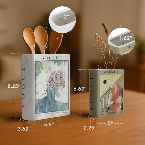 American Art Decor Vintage Vogue Magazine Ceramic Book Vase Set, 2pc Tabletop Vases for Bibliophiles & Fashionistas - Bookish Flower Vase for Book Lovers, Storage Organizer, Fall Decor Gifts in Kuwait