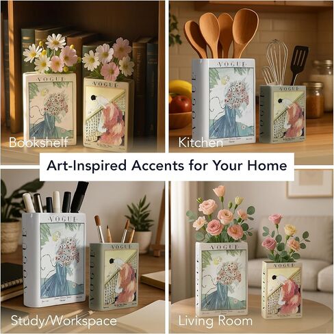 American Art Decor Vintage Vogue Magazine Ceramic Book Vase Set, 2pc Tabletop Vases for Bibliophiles & Fashionistas - Bookish Flower Vase for Book Lovers, Storage Organizer, Fall Decor Gifts in Kuwait