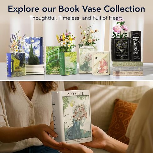 American Art Decor Vintage Vogue Magazine Ceramic Book Vase Set, 2pc Tabletop Vases for Bibliophiles & Fashionistas - Bookish Flower Vase for Book Lovers, Storage Organizer, Fall Decor Gifts in Kuwait
