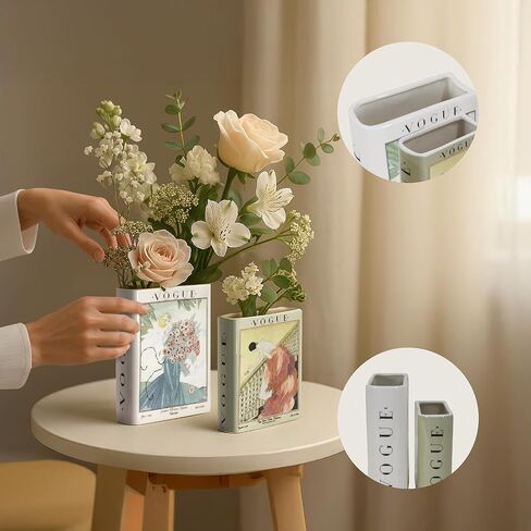 American Art Decor Vintage Vogue Magazine Ceramic Book Vase Set, 2pc Tabletop Vases for Bibliophiles & Fashionistas - Bookish Flower Vase for Book Lovers, Storage Organizer, Fall Decor Gifts in Kuwait