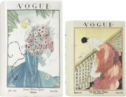 American Art Decor Vintage Vogue Magazine Ceramic Book Vase Set, 2pc Tabletop Vases for Bibliophiles & Fashionistas - Bookish Flower Vase for Book Lovers, Storage Organizer, Fall Decor Gifts in Kuwait