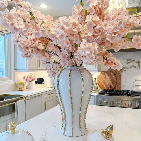 White and Gold Flower Vase, Modern Minimalist Ceramic Vase, Large Decorative Ginger Jars for Centerpieces, Tabletop Home Décor, Bedroom, Office, Living Room, Bookshelf, Fireplace Mantle (A, 18in) in Saudi Arabia