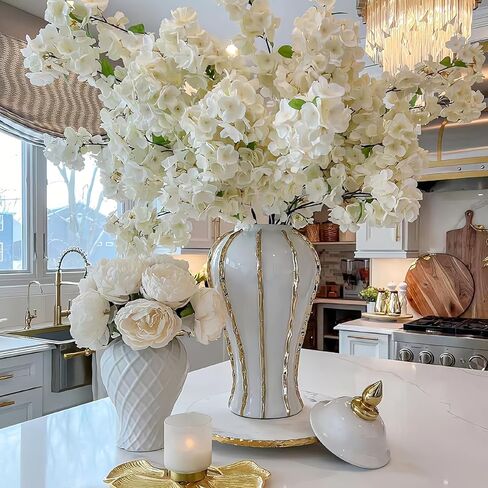 White and Gold Flower Vase, Modern Minimalist Ceramic Vase, Large Decorative Ginger Jars for Centerpieces, Tabletop Home Décor, Bedroom, Office, Living Room, Bookshelf, Fireplace Mantle (A, 18in) in Saudi Arabia