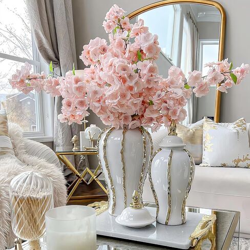 White and Gold Flower Vase, Modern Minimalist Ceramic Vase, Large Decorative Ginger Jars for Centerpieces, Tabletop Home Décor, Bedroom, Office, Living Room, Bookshelf, Fireplace Mantle (A, 18in) in Saudi Arabia