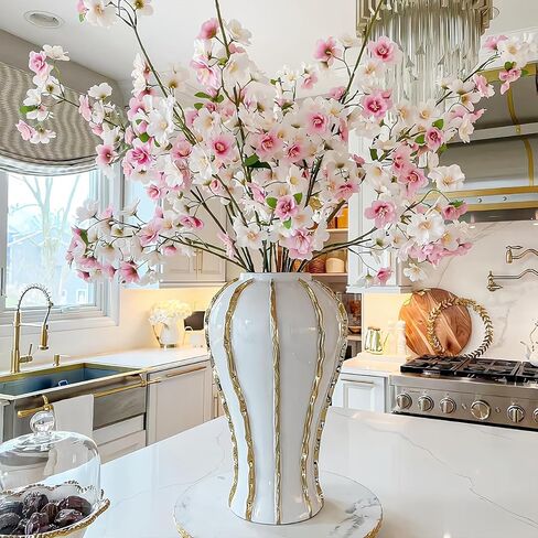 White and Gold Flower Vase, Modern Minimalist Ceramic Vase, Large Decorative Ginger Jars for Centerpieces, Tabletop Home Décor, Bedroom, Office, Living Room, Bookshelf, Fireplace Mantle (A, 18in) in Saudi Arabia