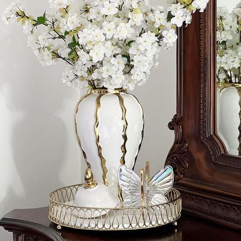 White and Gold Flower Vase, Modern Minimalist Ceramic Vase, Large Decorative Ginger Jars for Centerpieces, Tabletop Home Décor, Bedroom, Office, Living Room, Bookshelf, Fireplace Mantle (A, 18in) in Saudi Arabia