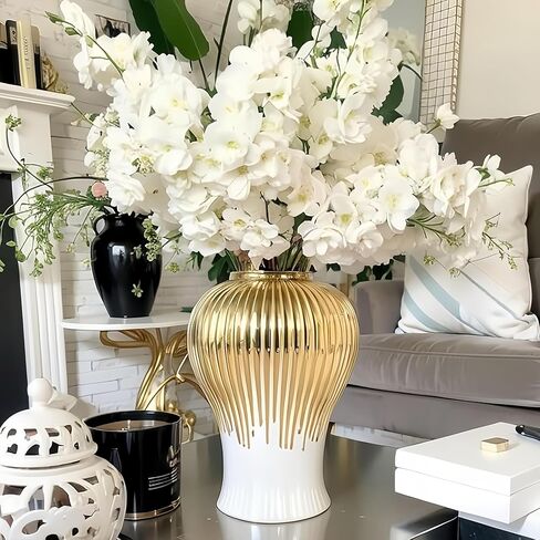 White and Gold Flower Vase, Modern Minimalist Ceramic Vase, Large Decorative Ginger Jars for Centerpieces, Tabletop Home Décor, Bedroom, Office, Living Room, Bookshelf, Fireplace Mantle (A, 18in) in Saudi Arabia