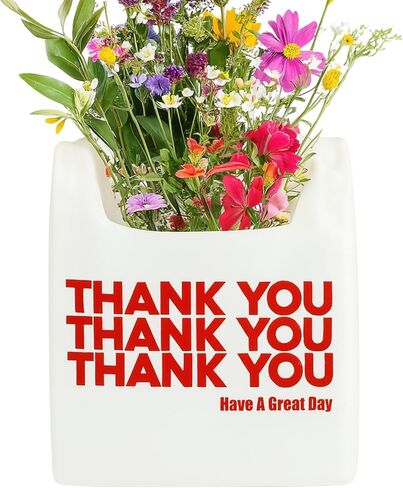Thank You Shopping Bag Vase – 6.9 in Tall White Vase, Plastic Table Centerpiece - Cute Accent Piece for Entryway, Living Room and Bookshelf - Vases for Flower Arrangement - Made in USA, in Saudi Arabia