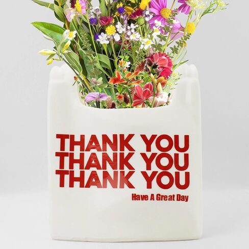 Thank You Shopping Bag Vase – 6.9 in Tall White Vase, Plastic Table Centerpiece - Cute Accent Piece for Entryway, Living Room and Bookshelf - Vases for Flower Arrangement - Made in USA, in Saudi Arabia