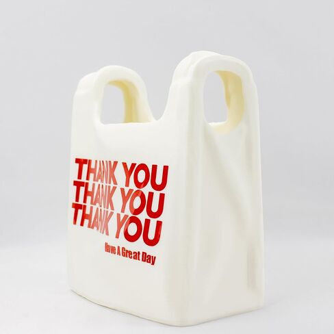Thank You Shopping Bag Vase – 6.9 in Tall White Vase, Plastic Table Centerpiece - Cute Accent Piece for Entryway, Living Room and Bookshelf - Vases for Flower Arrangement - Made in USA, in Saudi Arabia