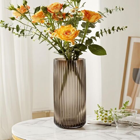 GarDream 8 Inch Tall Ribbed Glass Vases for Flowers-Thick Amber Glass Flower Vase for Centerpieces Table, Shelves, Decorative Cylinder Vase for Home Decor, Living Room, Dining Room, Bathroom Vanity in Saudi Arabia