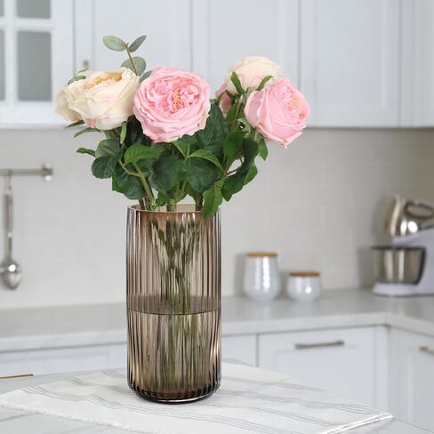 GarDream 8 Inch Tall Ribbed Glass Vases for Flowers-Thick Amber Glass Flower Vase for Centerpieces Table, Shelves, Decorative Cylinder Vase for Home Decor, Living Room, Dining Room, Bathroom Vanity in Saudi Arabia