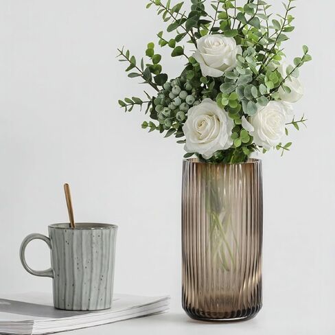 GarDream 8 Inch Tall Ribbed Glass Vases for Flowers-Thick Amber Glass Flower Vase for Centerpieces Table, Shelves, Decorative Cylinder Vase for Home Decor, Living Room, Dining Room, Bathroom Vanity in Saudi Arabia