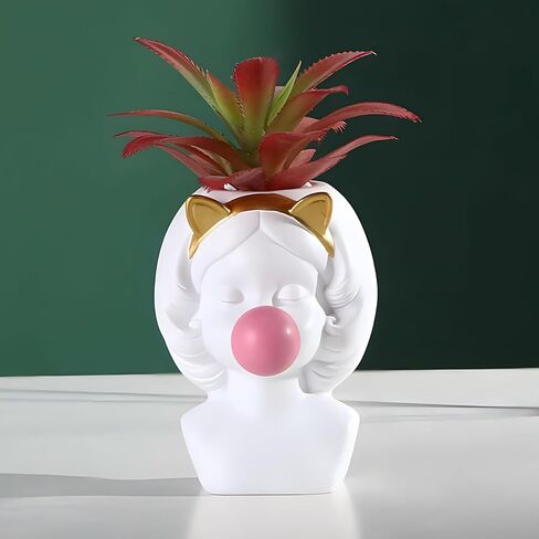 ZUOLUO فقاعة تهب فتاة وعاء النبات زهرية لطيف زهرة زهرية مضحك زارع الزهرية الصبار عصاري زراعة وعاء فرشاة للمكياج حامل منضدية تخزين جرة الفن تمثال تمثال ديكور مكتب المنزل in Kuwait