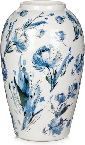 مزهرية زهور سيراميك، مزهريات ريفية بيضاء وزرقاء مقاس 9.8 بوصة لديكور المنزل، مزهريات عتيقة طويلة مصنوعة يدويًا لغرفة المعيشة والطاولة والحمام والديكور الصيني in Kuwait